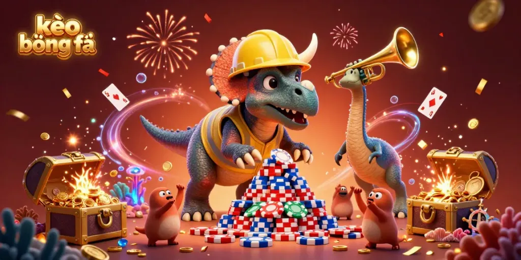 Engage in thrilling sports betting with kèo bóng đá as a triceratops builds poker chip pyramid amidst confetti and celebration.