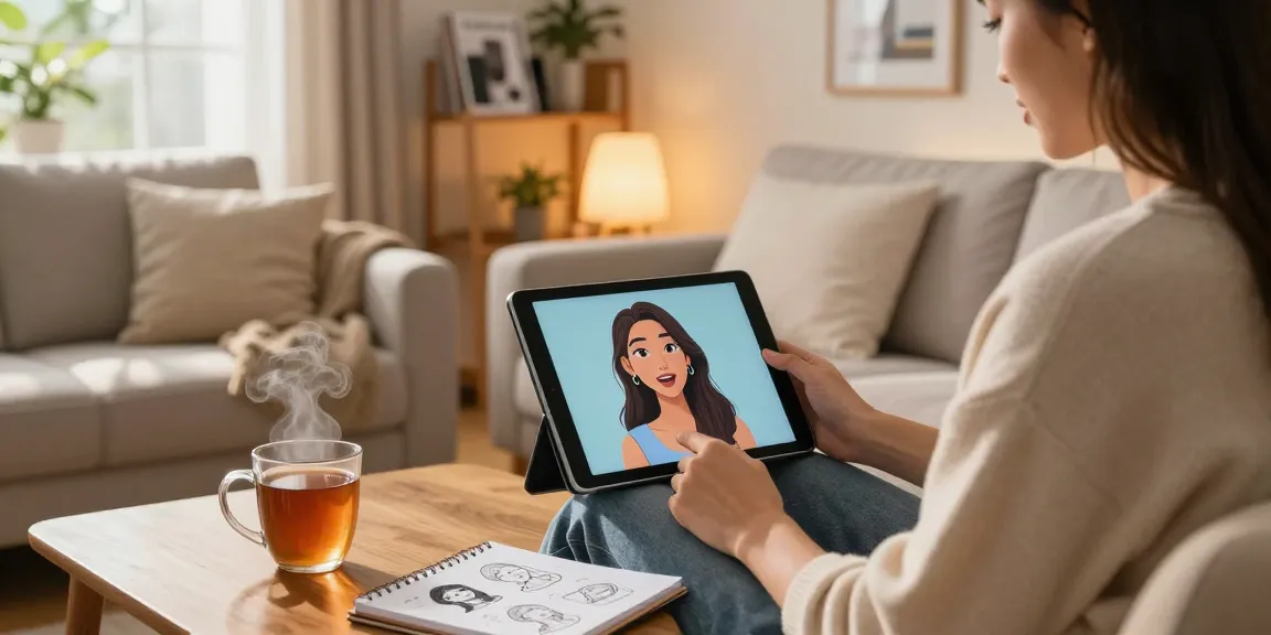 Person interacting with their AI girlfriend on a tablet in a cozy living room.