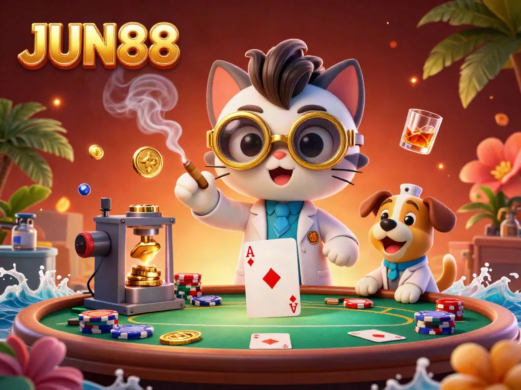 Join JUN88’s thrilling poker experience with a mad scientist cat and lab assistant in a vibrant casino scene.