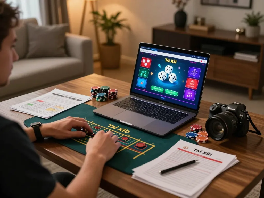 TaiXiuOnlineGo player enjoying an online Tài Xỉu game at home with strategy notes visible.