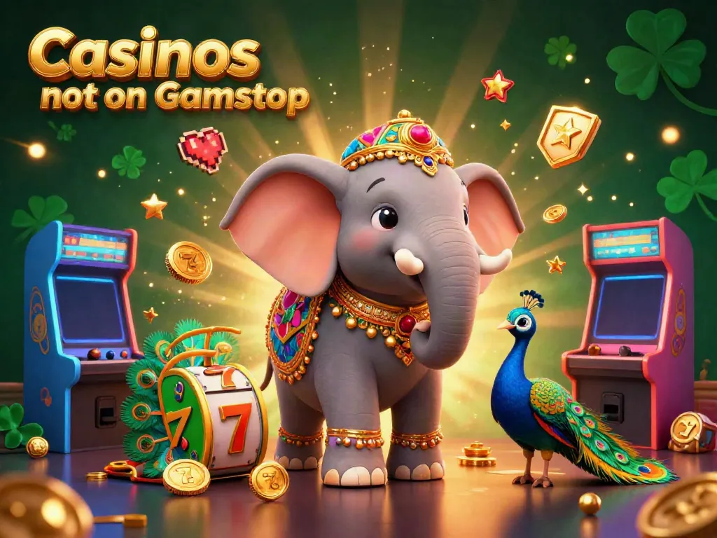 Engage with Casinos not on Gamstop with vibrant 3D illustrations of festive elephants and slot game elements.