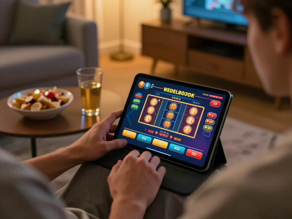 Player enjoying XX88 online gaming on tablet in cozy home setting with blackjack options