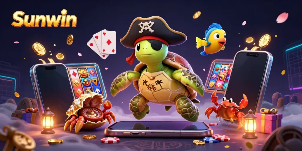 Engage with Sunwin's vibrant casino world featuring a dynamic pirate turtle and friends above treasure.