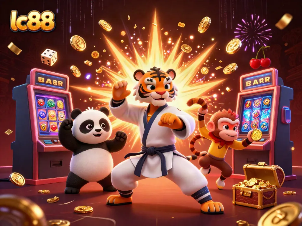 Engaging LC88 scene showing playful characters amidst jackpot excitement and vibrant casino elements.