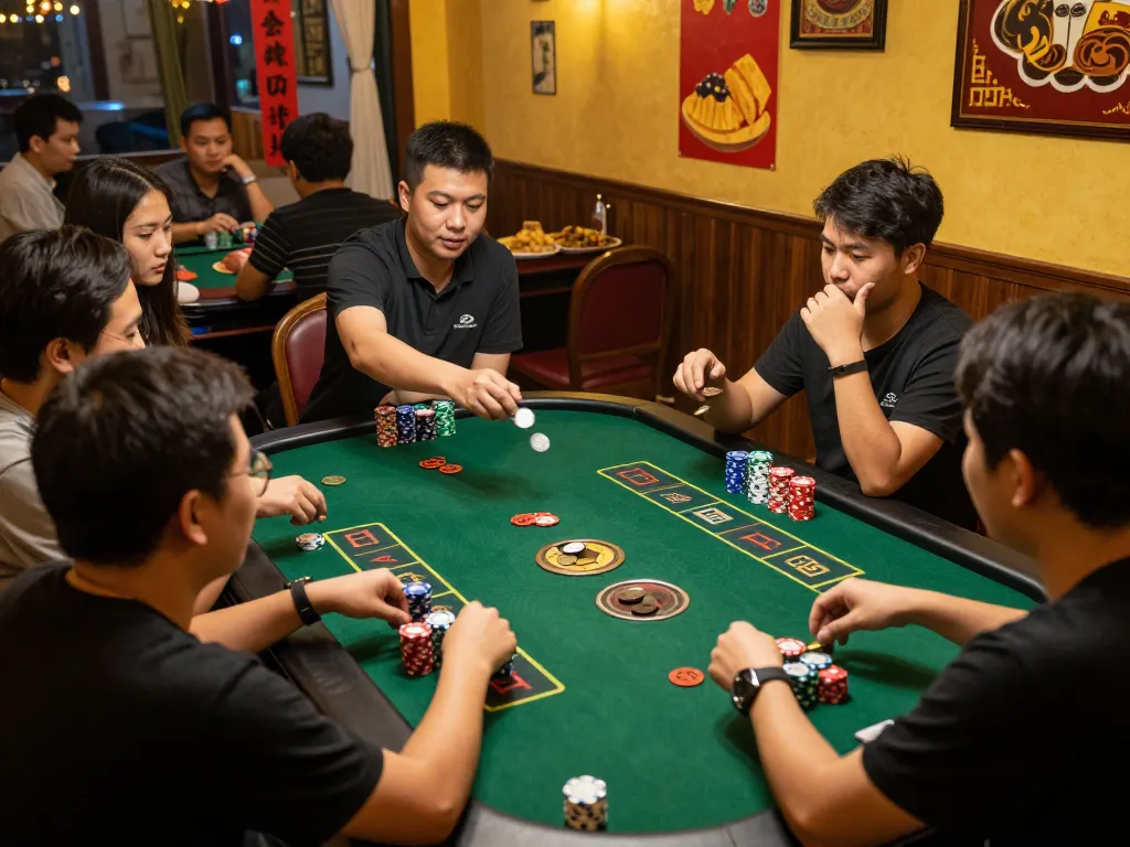 Xóc đĩa players engaged in an exciting game, tossing coins and discussing strategies
