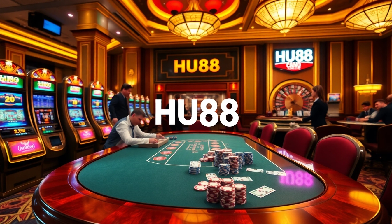 Experience exciting gameplay at HU88 casino with vibrant poker tables and slot machines.