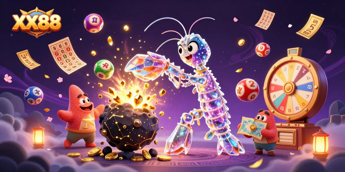Engage with XX88 as the mantis shrimp heroically punches through an asteroid, unleashing treasure in a dynamic casino scene.