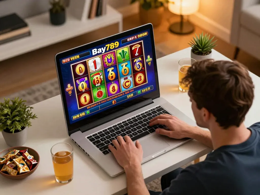 Player winning on Bay789's slot games while gaming from home, showcasing excitement and engaging visuals.