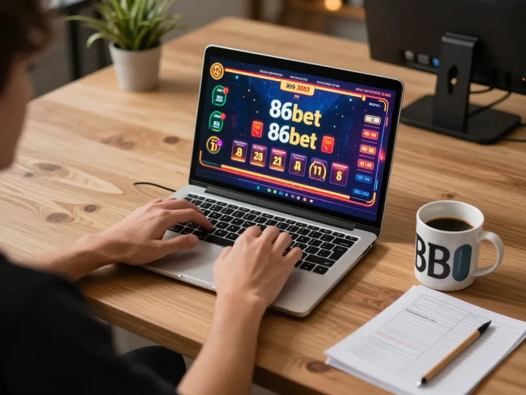 Person engaging in online betting on 86bet with colorful graphics on screen, showcasing a dynamic gaming setup.