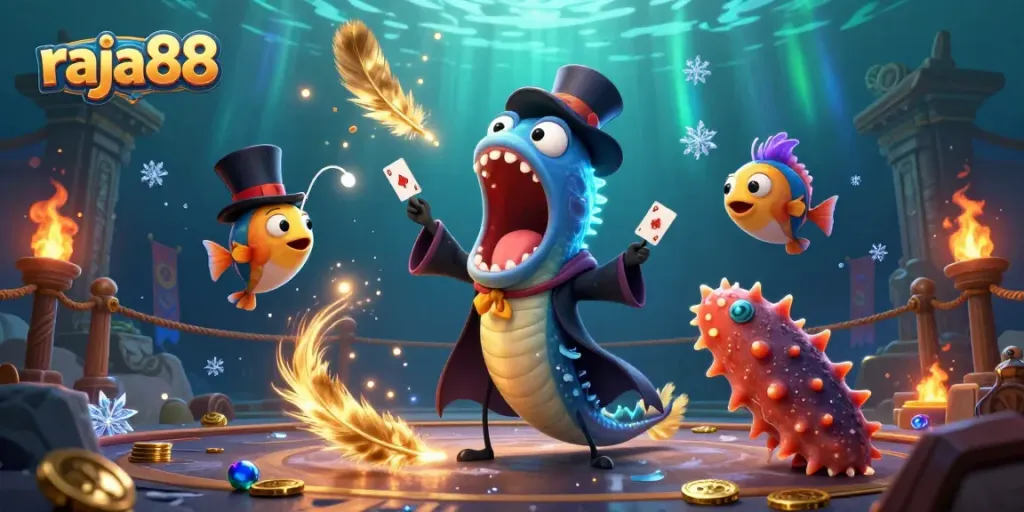 Engage in thrilling underwater gambling adventures with raja88, featuring a deep-sea magician and interactive elements.
