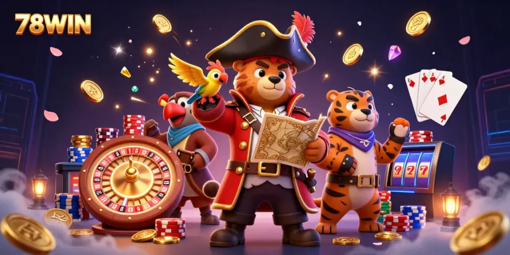 Engage in exciting gameplay at 78WIN with a colorful pirate scene featuring treasures and casino elements.