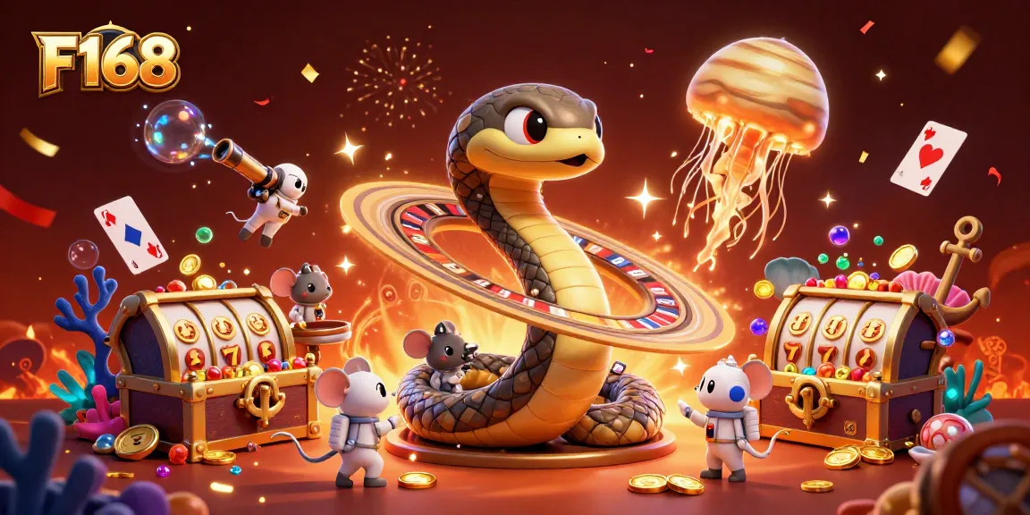 Experience the thrill of F168 with a cosmic casino scene featuring unique characters and rich game elements.