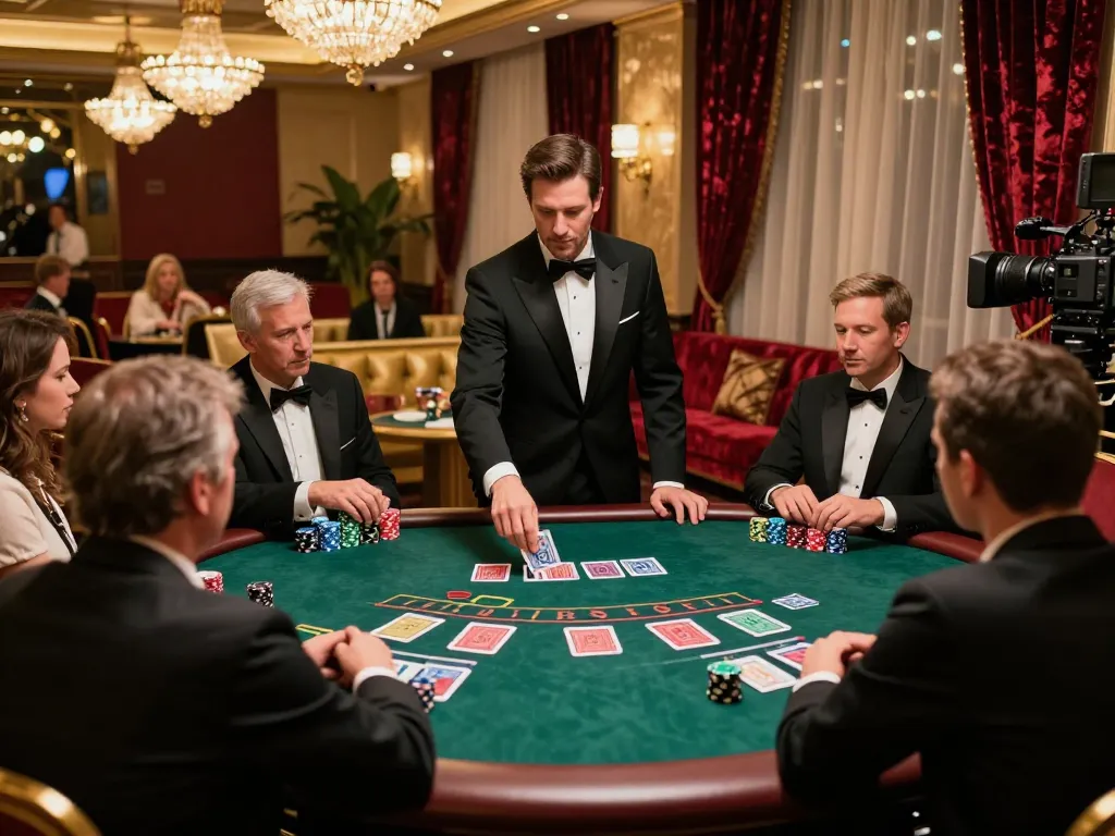 DABET players strategizing in an upscale blackjack game with vibrant decor and an attentive dealer