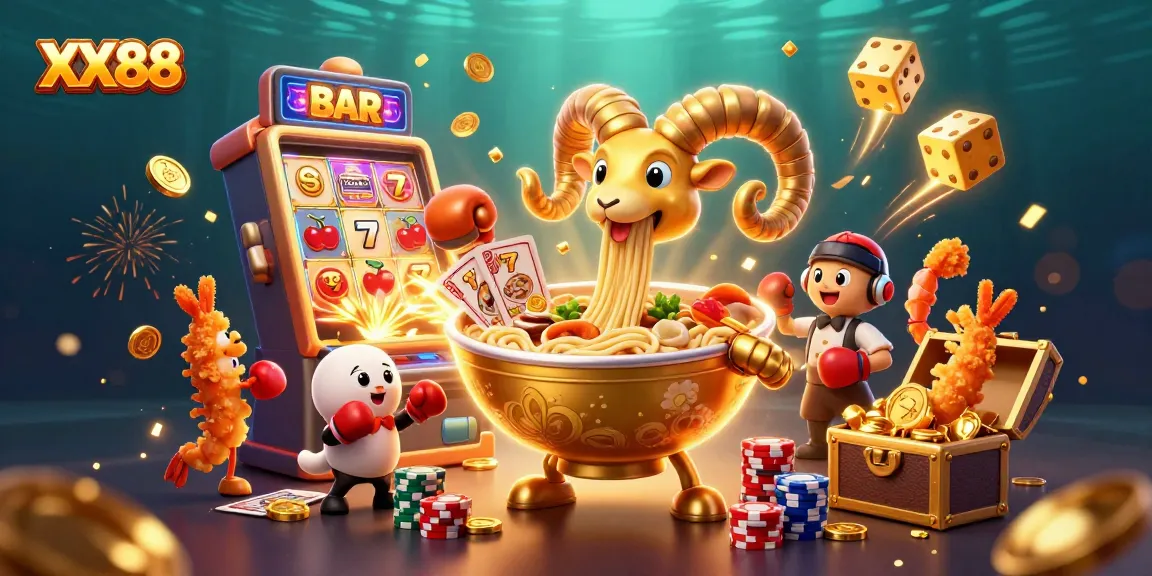 Experience the excitement at XX88 with a dynamic casino scene showcasing vibrant games and lively characters.