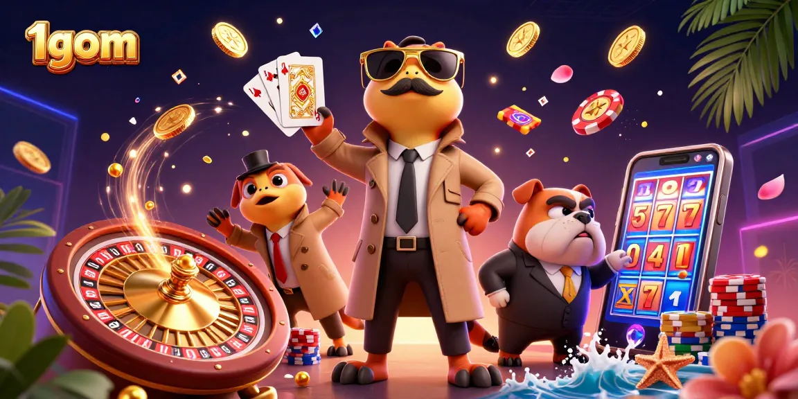 1gom online platform showcases three cartoon raptors attempting to enter a VIP lounge amid cascading coins and vibrant casino elements.