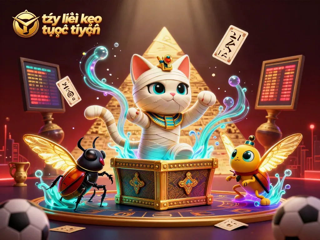 Engaging scene showcasing tỷ lệ kèo trực tuyến with an Egyptian mummy cat, a scarab, and sports betting elements.