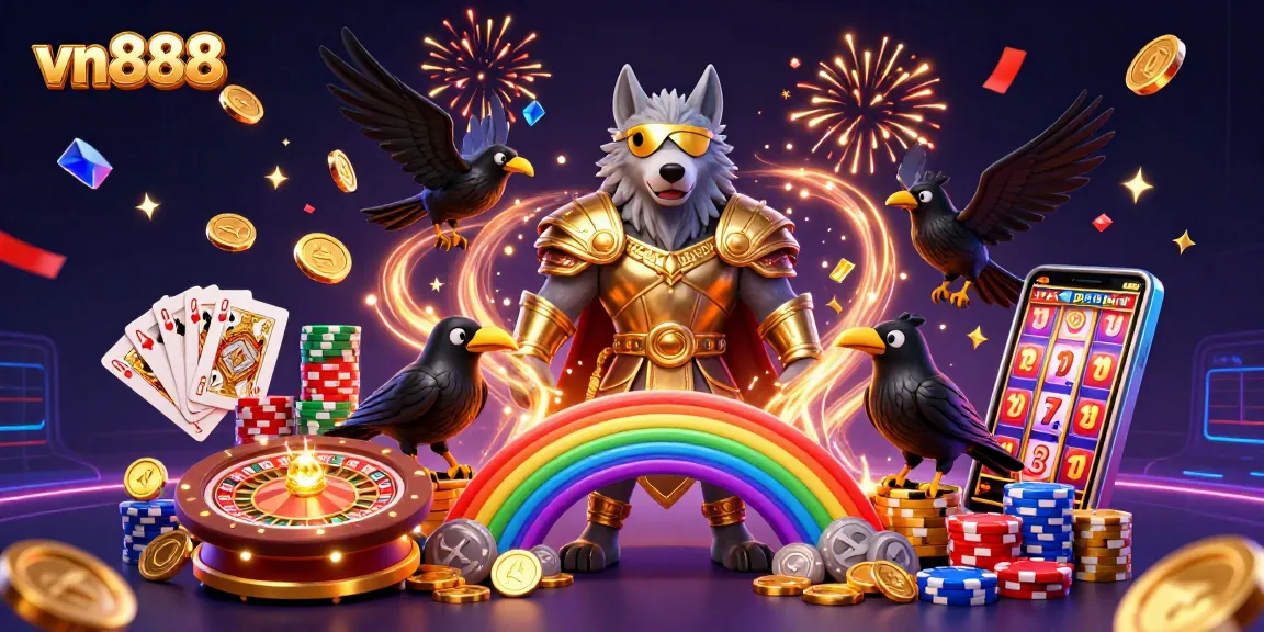 Experience the thrill of casino gaming with vn888 as Odin and his ravens reign over a vibrant scene.