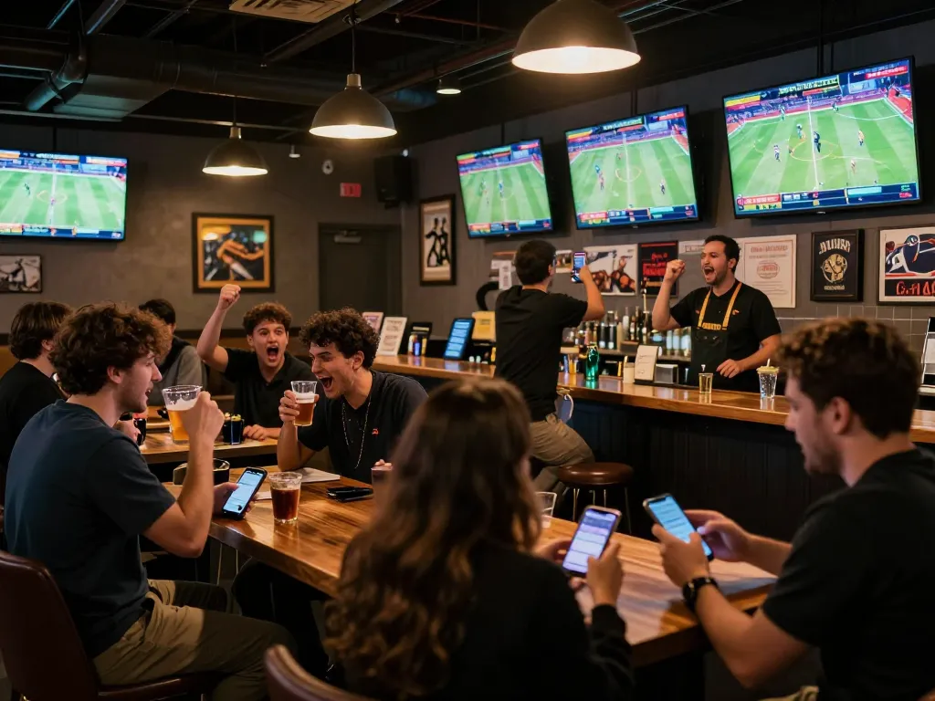Patrons cheering while betting on live sports at bl555 com, vibrant atmosphere in a modern sports bar.