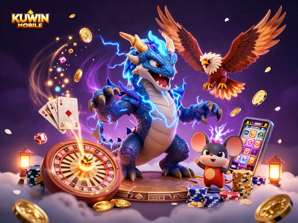 Spin and win at KUWIN MOBILE with vibrant scenes of gaming, roaring dragons, and electrifying play!