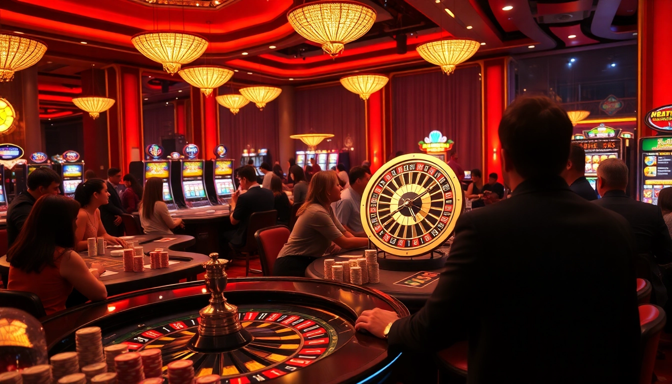 Players enjoying high-stakes games at nohu90 casino, with vibrant slots and glamorous tables.