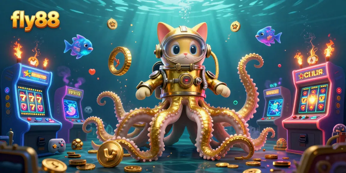 Experience thrilling games with fly88, where a kraken and cat dive into a vibrant casino world.
