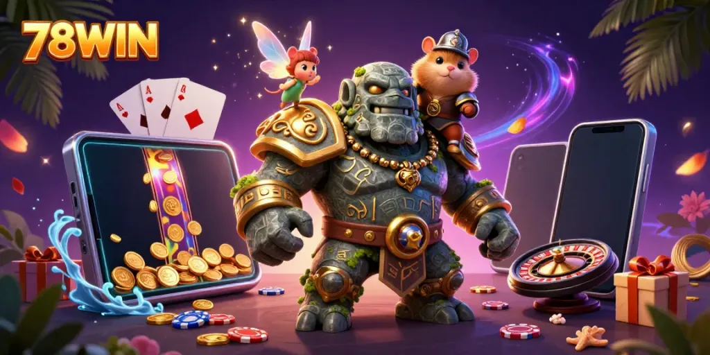 Experience the thrilling gaming adventure with 78WIN, featuring golem guardian and vibrant slot game elements.