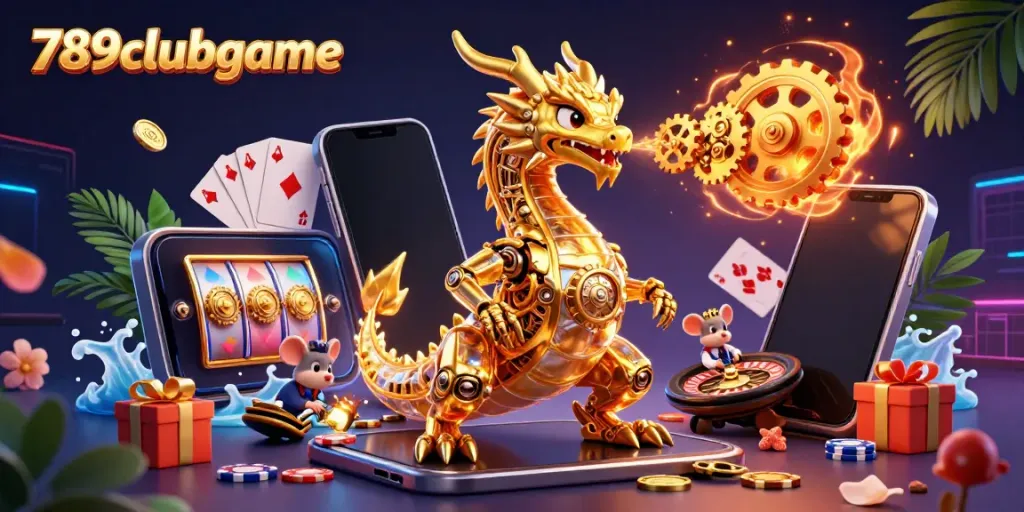 Engage with 789clubgame’s exciting world through a lively scene showcasing a dragon and dynamic casino elements.