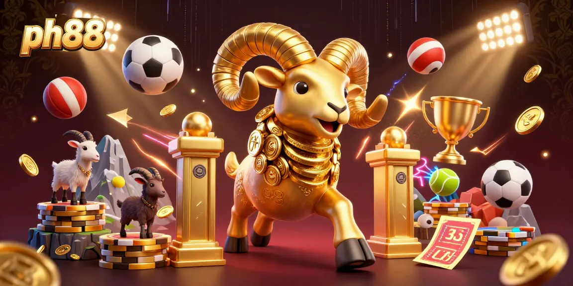 Experience thrilling gaming at ph88 with a golden ram charging through a dynamic casino scene.