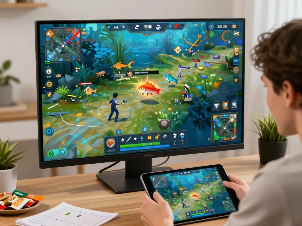 Bắn cá đổi thưởng action scene showing colorful fish and engaging gameplay on a home tablet setup.