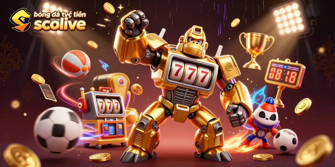 Experience bóng đá trực tuyến socolive with an energetic and detailed 3D illustration of a golden gorilla mech.