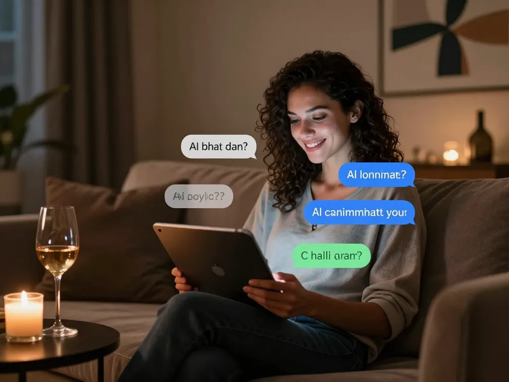 Engaging ai porn chat session showing a user interacting with a lifelike AI avatar in a cozy virtual setting.