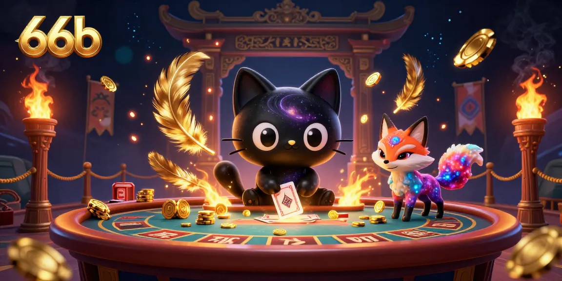 66b cosmic casino scene with a black hole cat, colorful nebula fox, and dynamic gambling elements