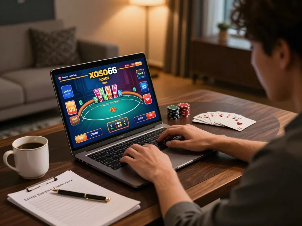 xoso66 player engaging with online poker game on laptop at home desk
