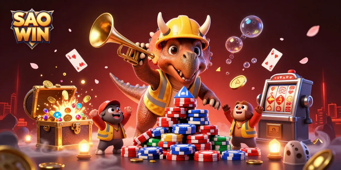 SAO WIN game experience illustrated with triceratops and celebrations among vibrant gambling elements.