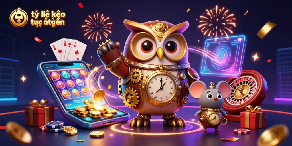 Experience tỷ lệ kèo trực tuyến with a dynamic 3D scene of steampunk characters amidst casino elements.