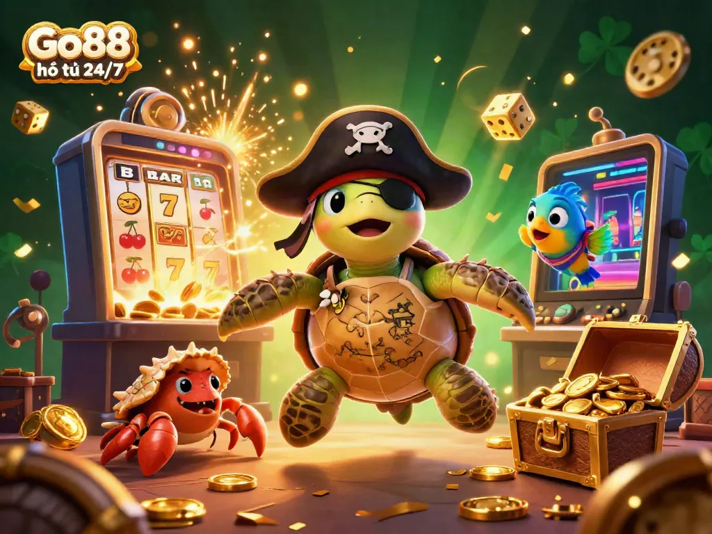 Experience the excitement of Go88 hỗ trợ 24/7 with this vibrant casino scene featuring a pirate turtle and treasure.
