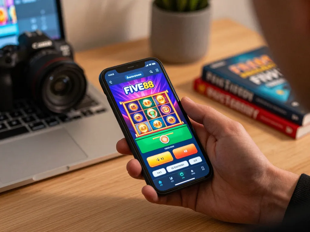 Engaging with the FIVE88 casino app on a smartphone in an inviting home setting, showcasing vibrant online gaming