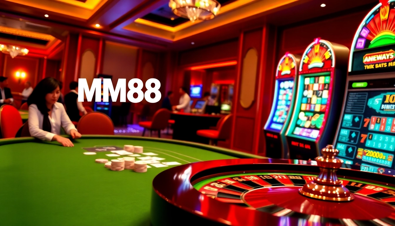 MM88 online gambling excitement with poker tables and vibrant slot machines.