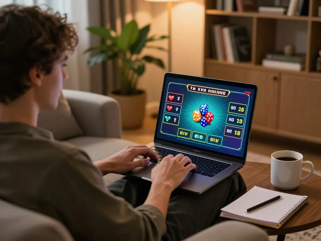 Engaging in a game of tài xỉu online at home, with vibrant graphics and a cozy atmosphere