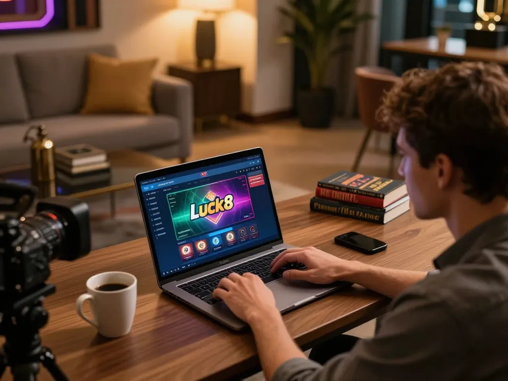 Player engaging with Luck8 online casino platform in a sophisticated home office setting.