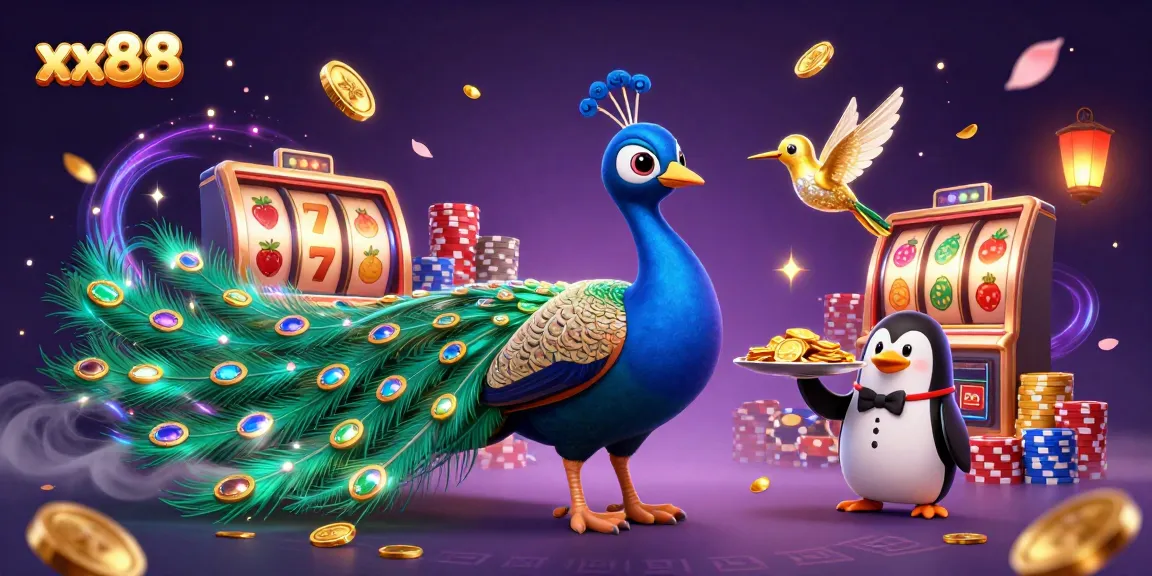 Engage in thrilling gaming at xx88 with a vibrant scene of a peacock, a penguin, and a hummingbird amidst dazzling casino elements.