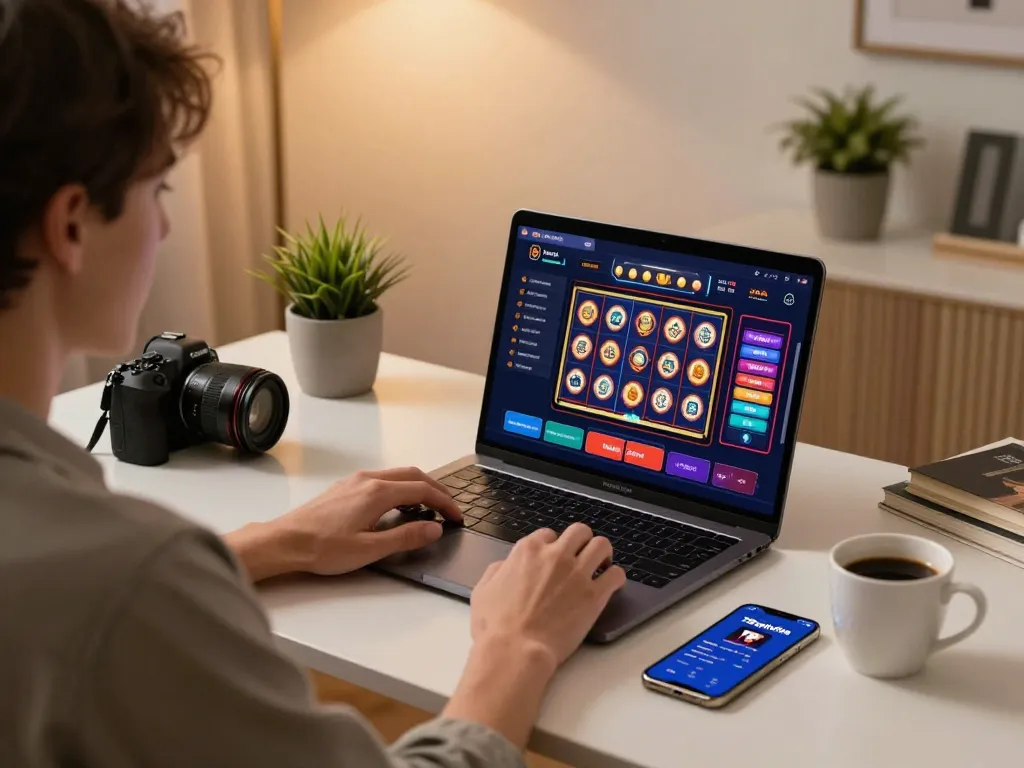 Engaging in gaming on 78winvina platform, showing a modern online setup with laptop and smartphone.