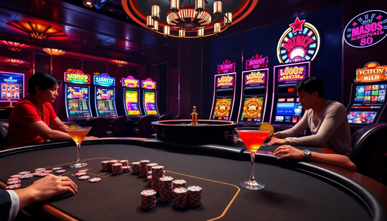 A dynamic casino scene with players enjoying games at kkwin.com, featuring poker tables and slot machines.