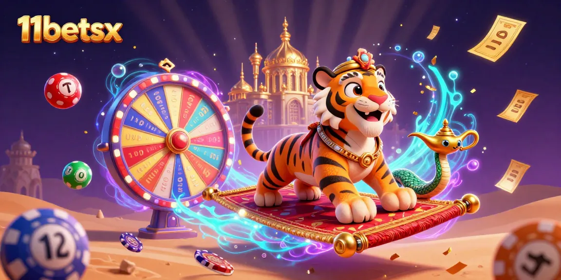 11betsx players winning big in a vibrant casino scene, surrounded by colorful lottery elements and magic.