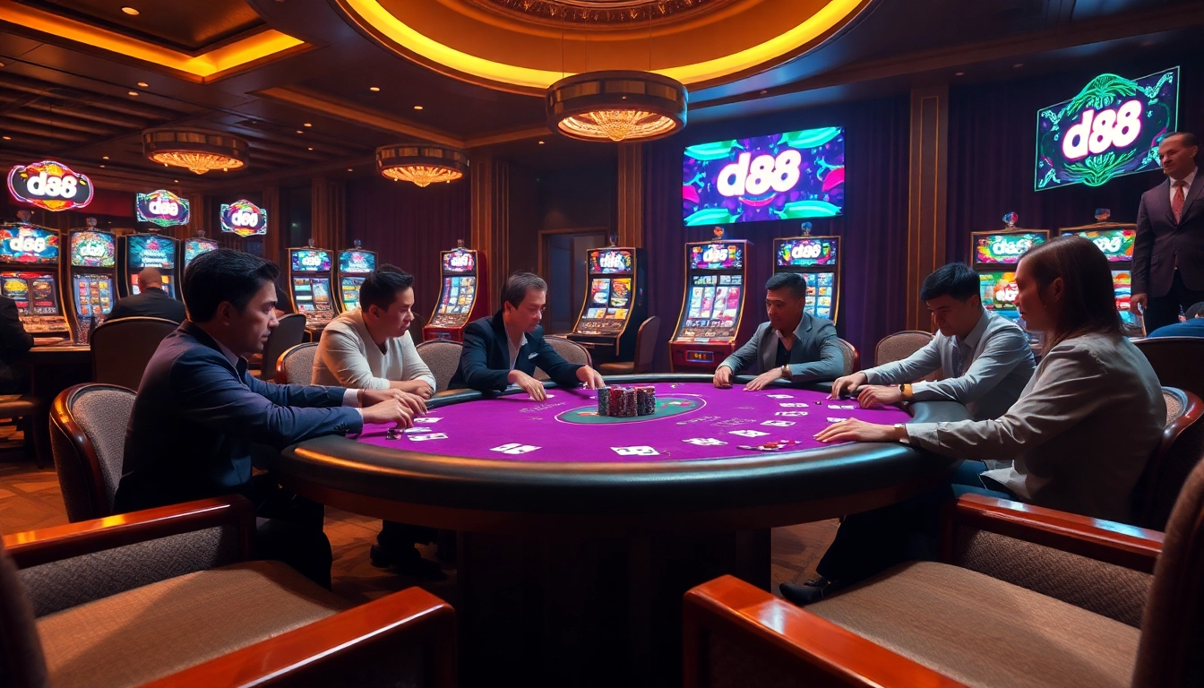 Players enjoying an intense poker game in a luxurious casino while showcasing da 88 gaming strategies.