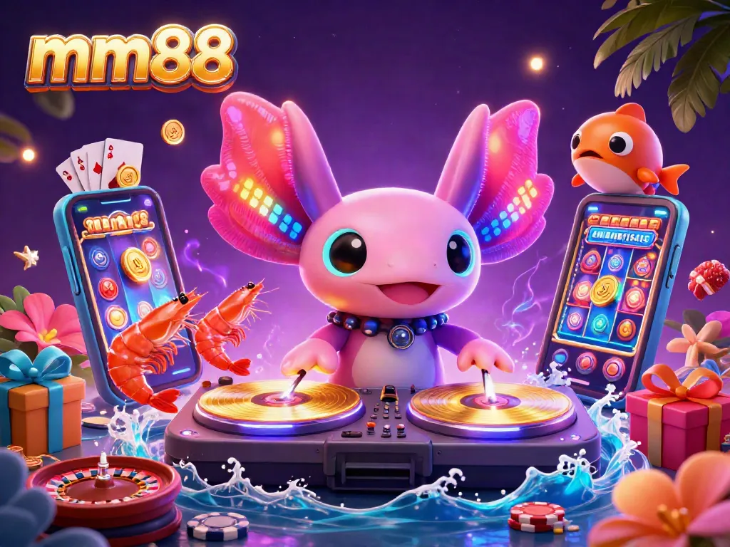 Engage with mm88’s exciting underwater casino scene featuring vibrant characters and a smartphone slot game.