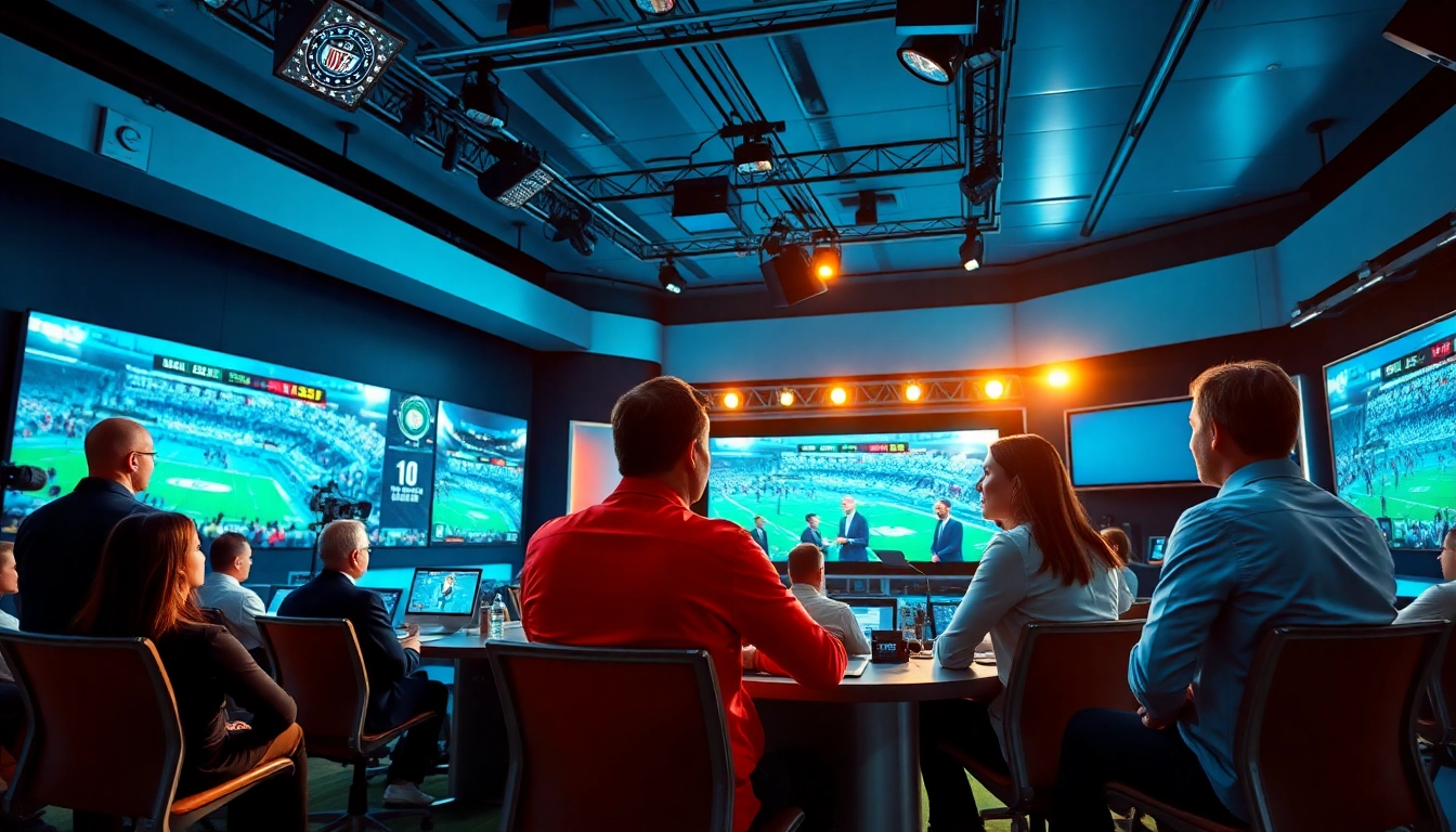 Engaging sports broadcasting studio highlighting dynamic presenters and live statistics for Sports Broadcasting.