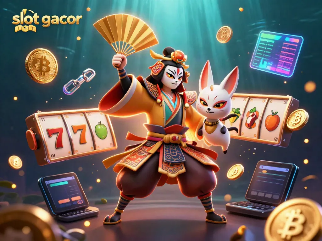Engage with thrilling slot gacor gameplay through a dynamic scene featuring kabuki characters, glowing coins, and classic slot symbols.