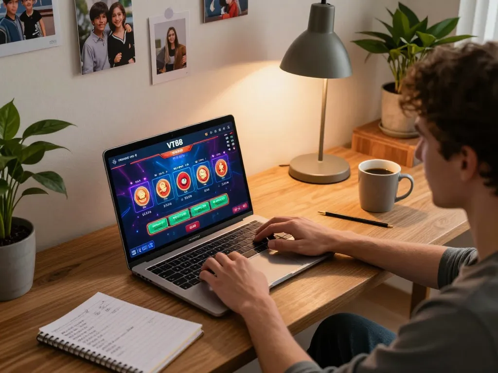 Play VT88 online casino games on a laptop in a cozy home environment with strategic notes nearby.