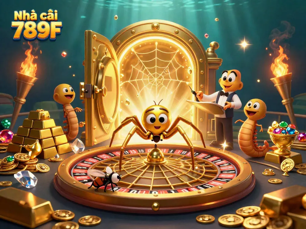 Engage thrilling gameplay at Nhà cái 789F with a golden spider and centipede croupier in a dazzling casino scene.